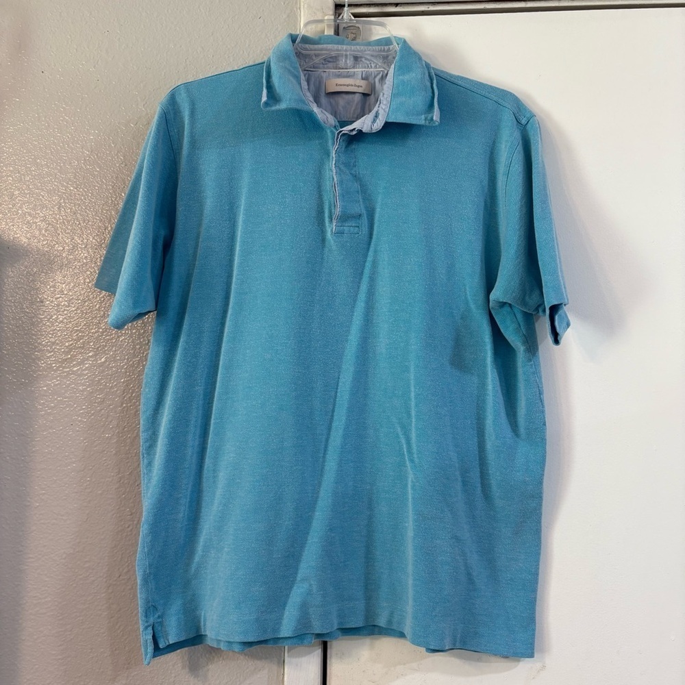 Ermenegildo Zegna Light Blue Textured Polo Shirt Short Sleeve Large Mens Casual